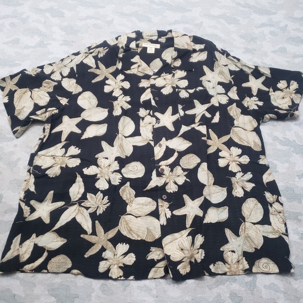 Island Passport Hawaiian Shirt Mens 2XL Black Short Sleeve Button-Up Star Fish
